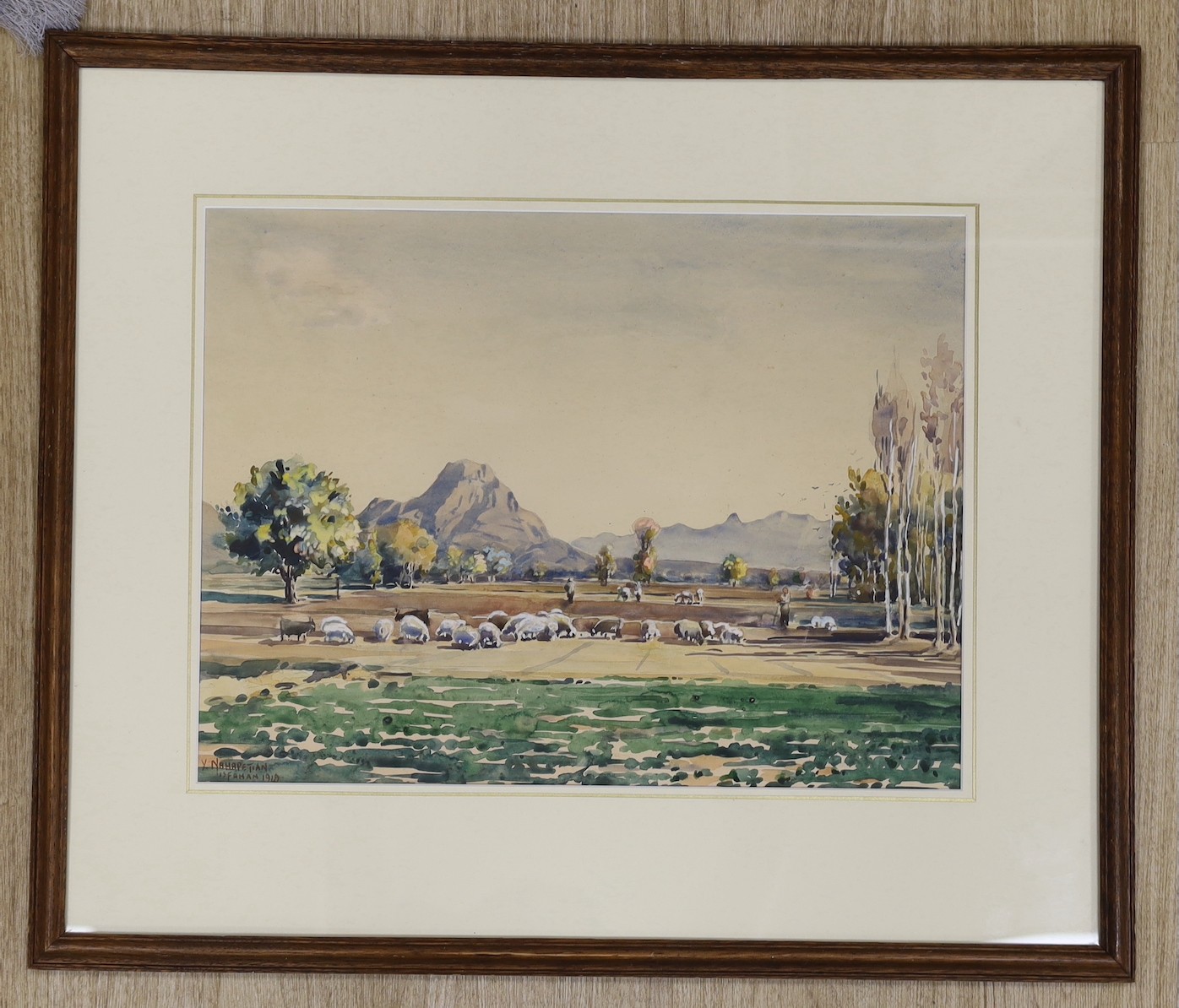 Yervand Nahabedian (1913-2006), watercolour, Shepherd and flock in a landscape, signed and dated 